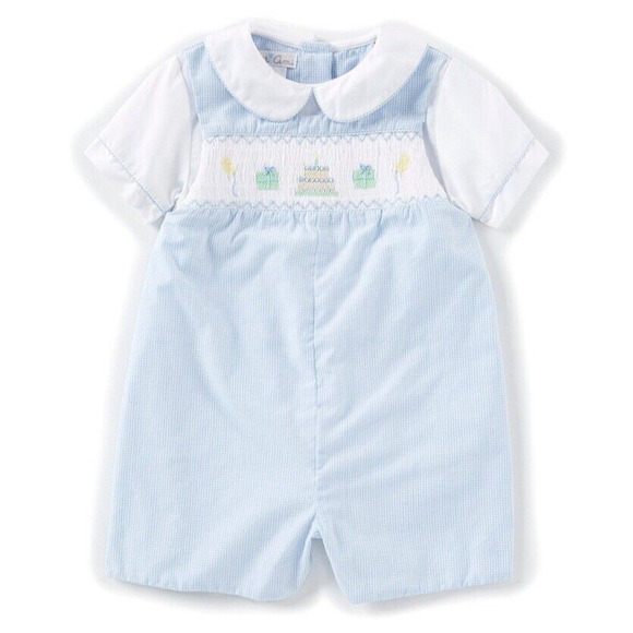 Petit Ami Boys Birthday Blue Smocked Embroidered Jon Jon 2-Piece Romper 24 Mths - Picture 1 of 10